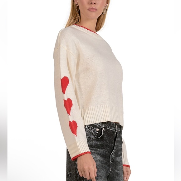 NWT Elan Heart Sleeve Crewneck Sweater Small Ivory Red Heart Knit - Picture 5 of 5